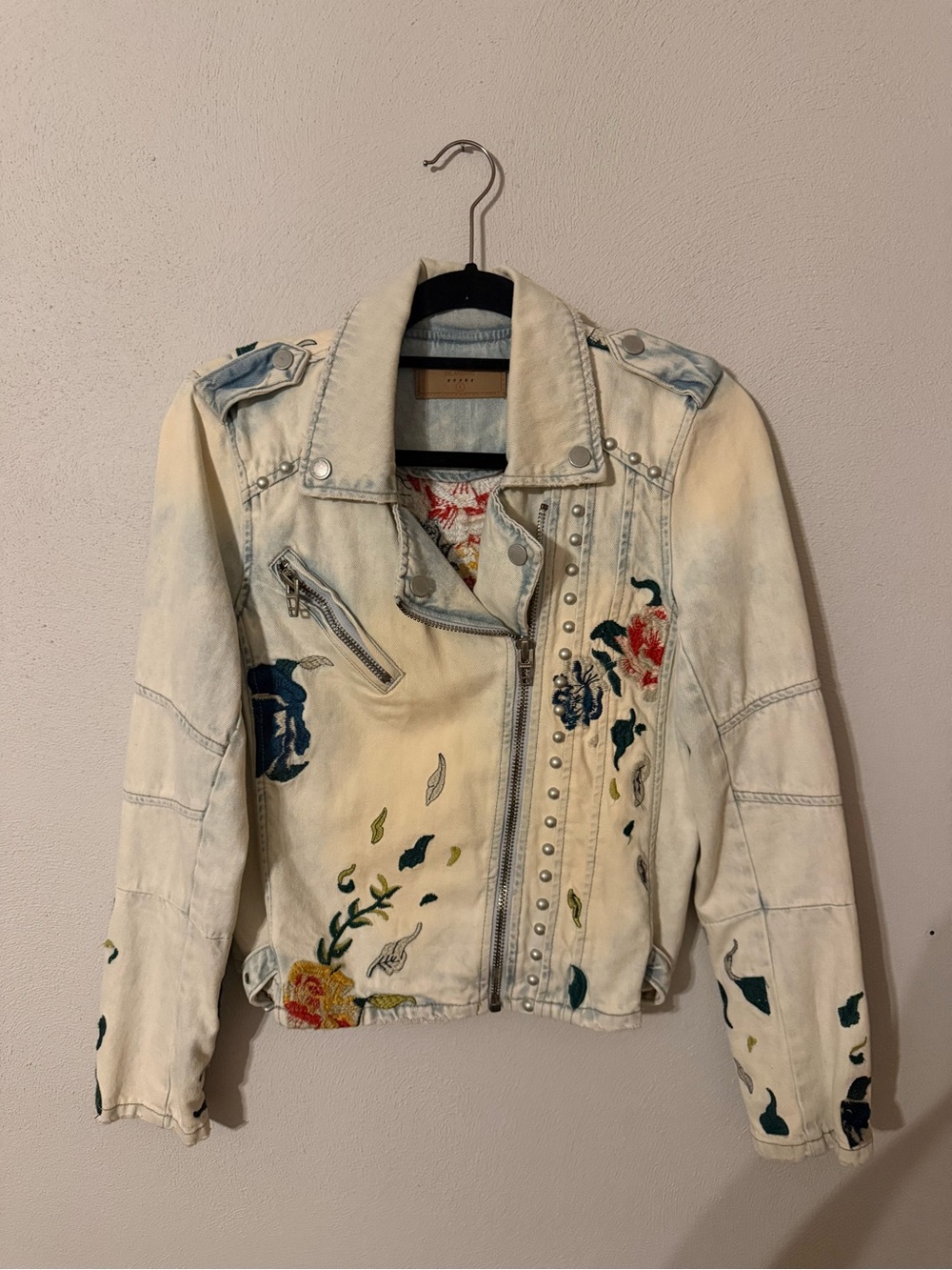 Blank NYC Cream Embroidered Moto Jean Jacket